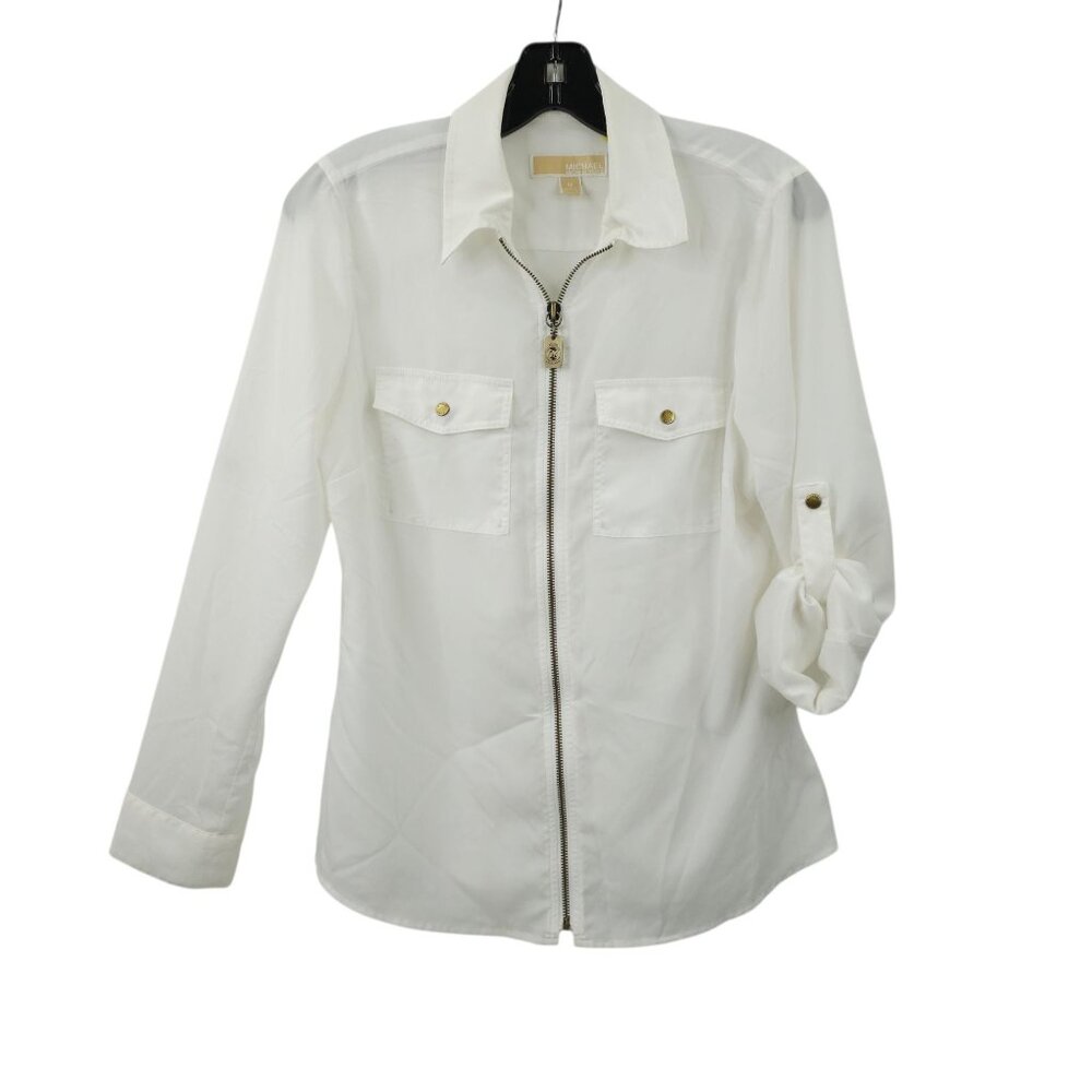 Michael Kors Full Zip Collared Blouse Size M Roll Tab Sleeve Brass Toned Buttons